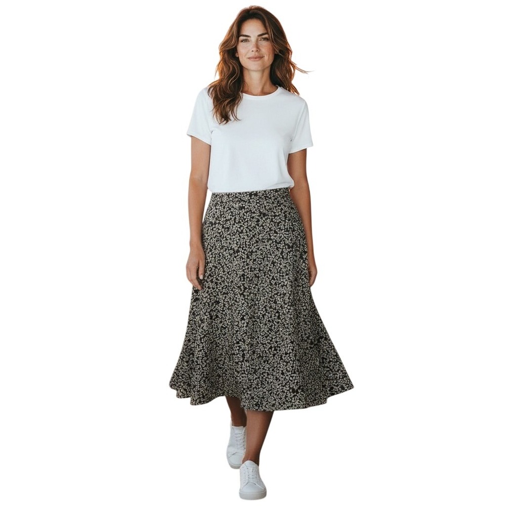 Mi Ami Black White Floral Midi Skirt Small Lightweight Summer A-Line
